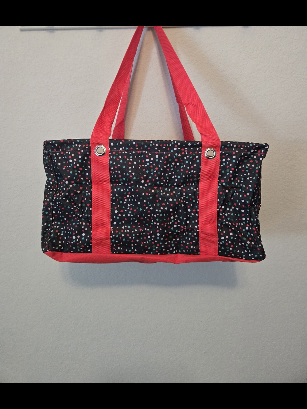 thirty-one Medium Black Polka Dot Tote with Pink Straps